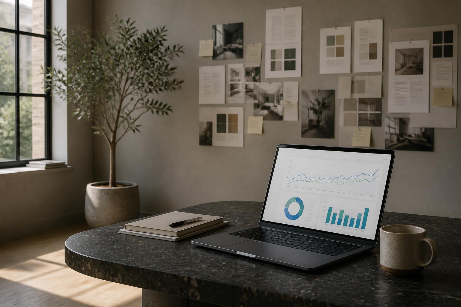 Modern marketing workspace with campaign charts and strategy planning materials.